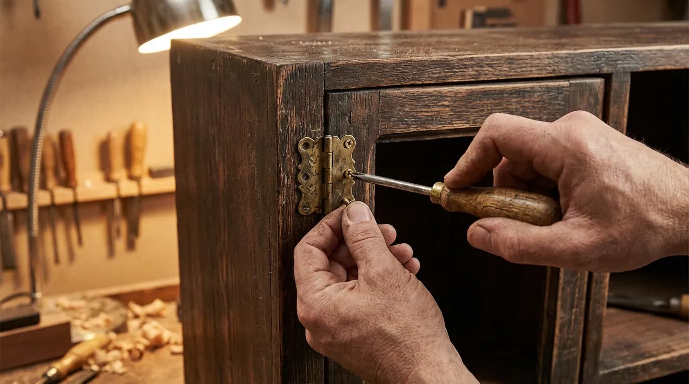 Pose de la fiche à lacet Artisan vissant une nouvelle fiche à lacet sur une porte de placard en bois
