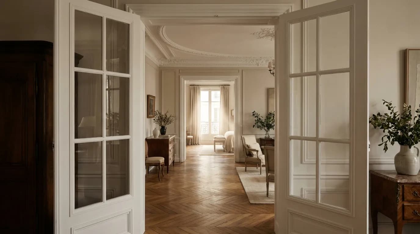 Chambres en enfilade lumineuses Vue en perspective de chambres en enfilade dans un appartement haussmannien lumineux avec parquet point de hongrie