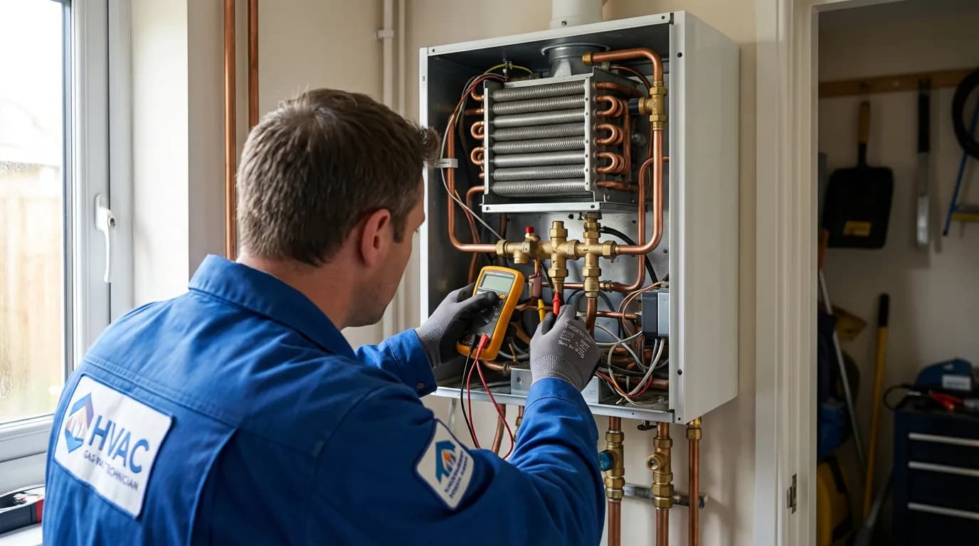 Dépannage Professionnel Chaudière Gaz Technicien chauffagiste effectuant un diagnostic avec un multimètre sur une chaudière en panne