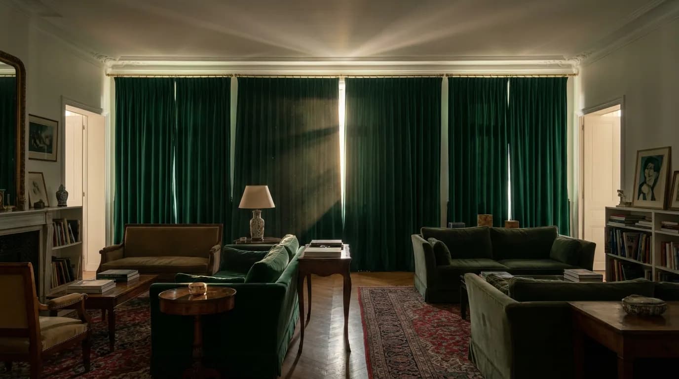 Ambiance feutrée rideau anti-bruit Salon élégant isolé du bruit par des rideaux phoniques en velours vert émeraude