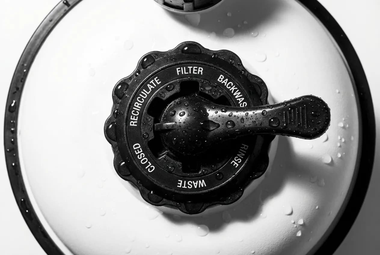 Vanne 6 voies piscine : Positions, Entretien et Fuites Gros plan macro sur la poignée de sélection d'une vanne multivoies de piscine