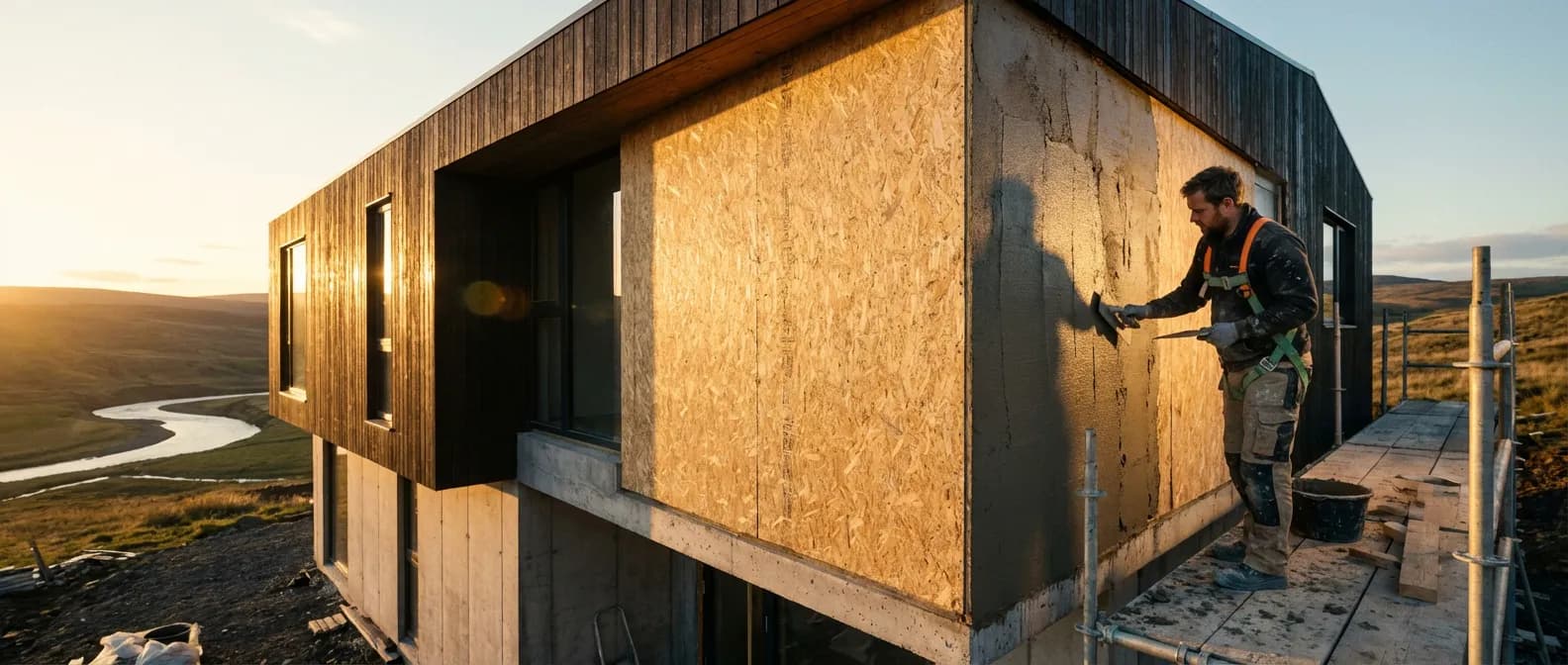 Transformation spectaculaire : enduit sur OSB extérieur d'une maison design Façade de maison moderne avec un artisan appliquant de l'enduit sur un panneau OSB extérieur sous un éclairage doré.