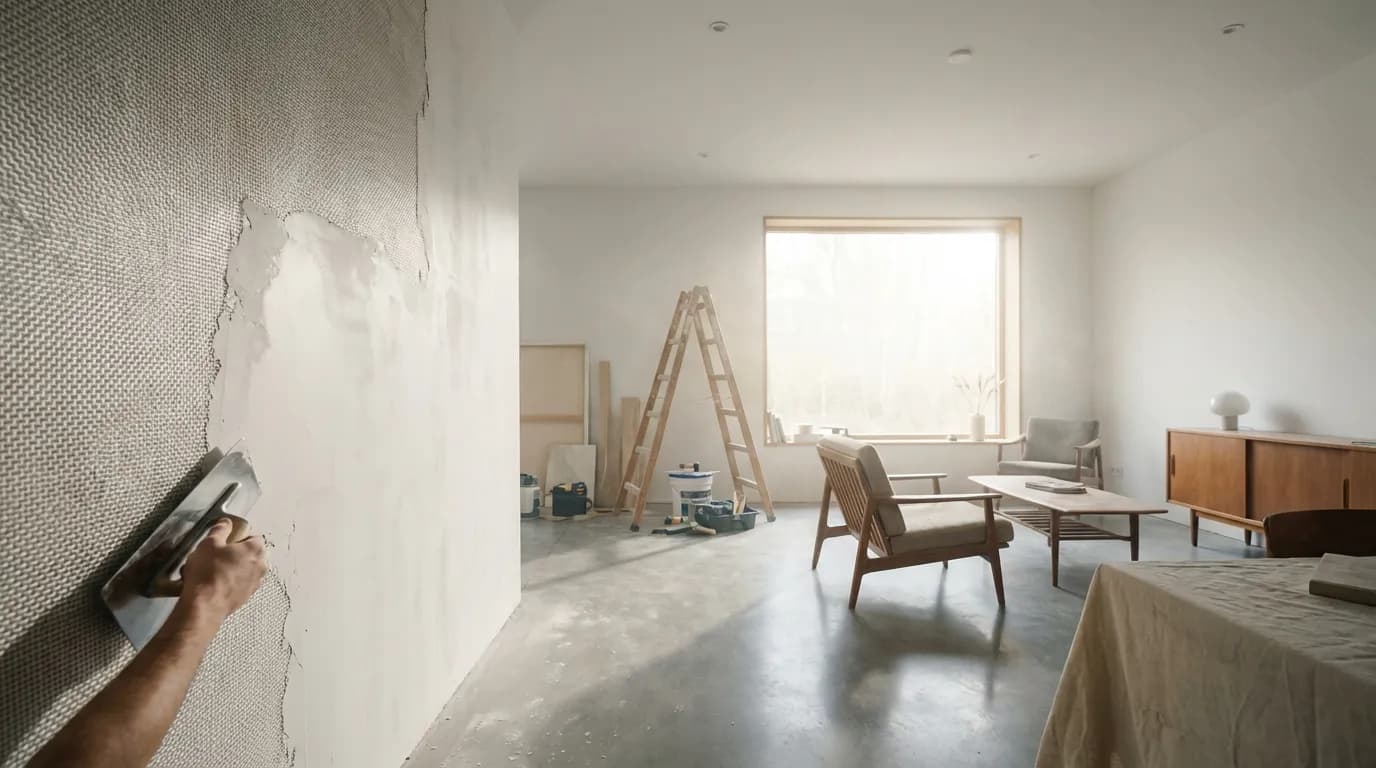 Rénovation murale sur fibre de verre Vue d'ensemble d'une pièce lumineuse en rénovation montrant un mur en fibre de verre en cours de lissage