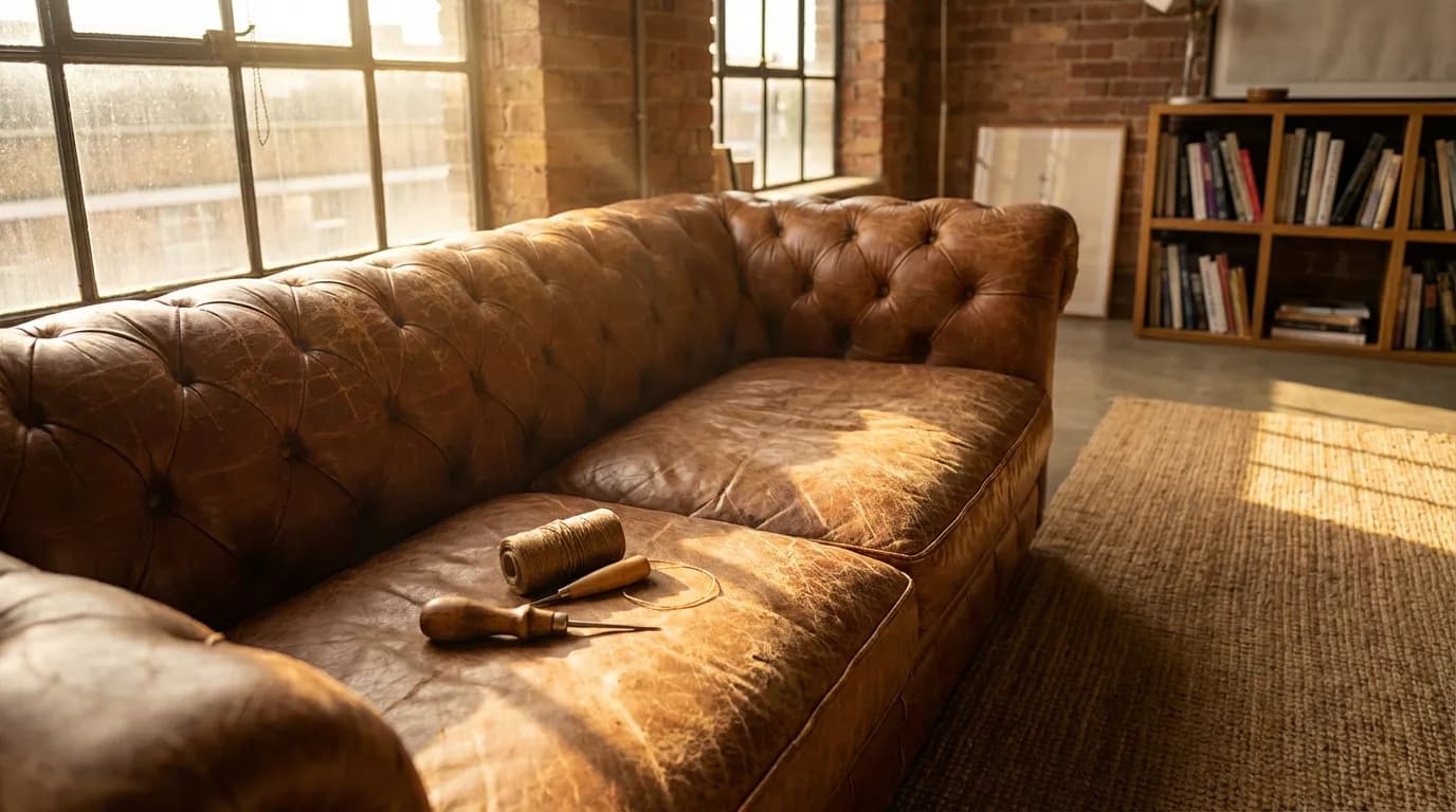 Rénovation canapé cuir ambiance cosy Canapé en cuir vintage cognac avec matériel de couture posé sur l'assise dans un salon lumineux