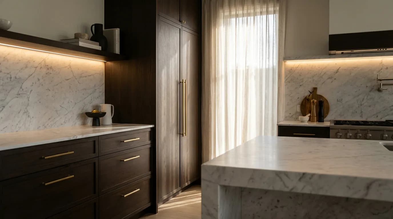 Agencement mixte poignées cuisine Vue d'ensemble d'une cuisine de luxe montrant l'agencement de poignées verticales sur les colonnes et horizontales sur les tiroirs