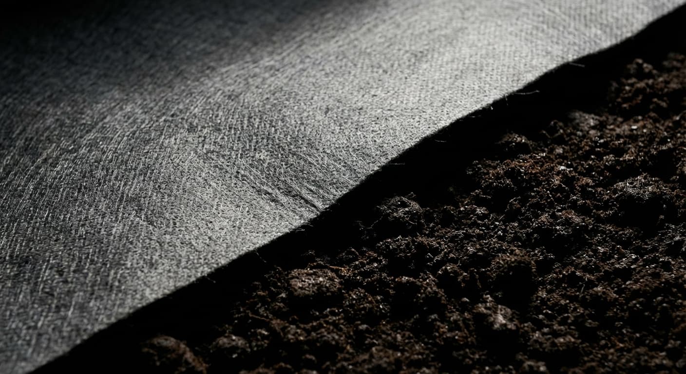 Choisir et poser un geotextile sous une dalle béton Gros plan iconique sur la texture d'un feutre géotextile de séparation.