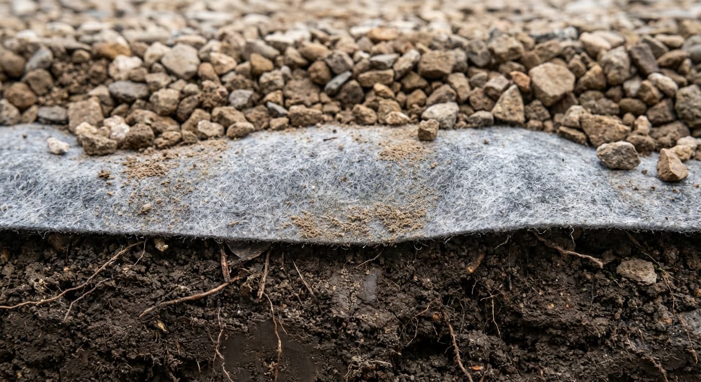 Coupe technique de la préparation d'un sol avant coulage de dalle Vue en coupe détaillée montrant le géotextile séparant la terre naturelle du gravier de drainage.
