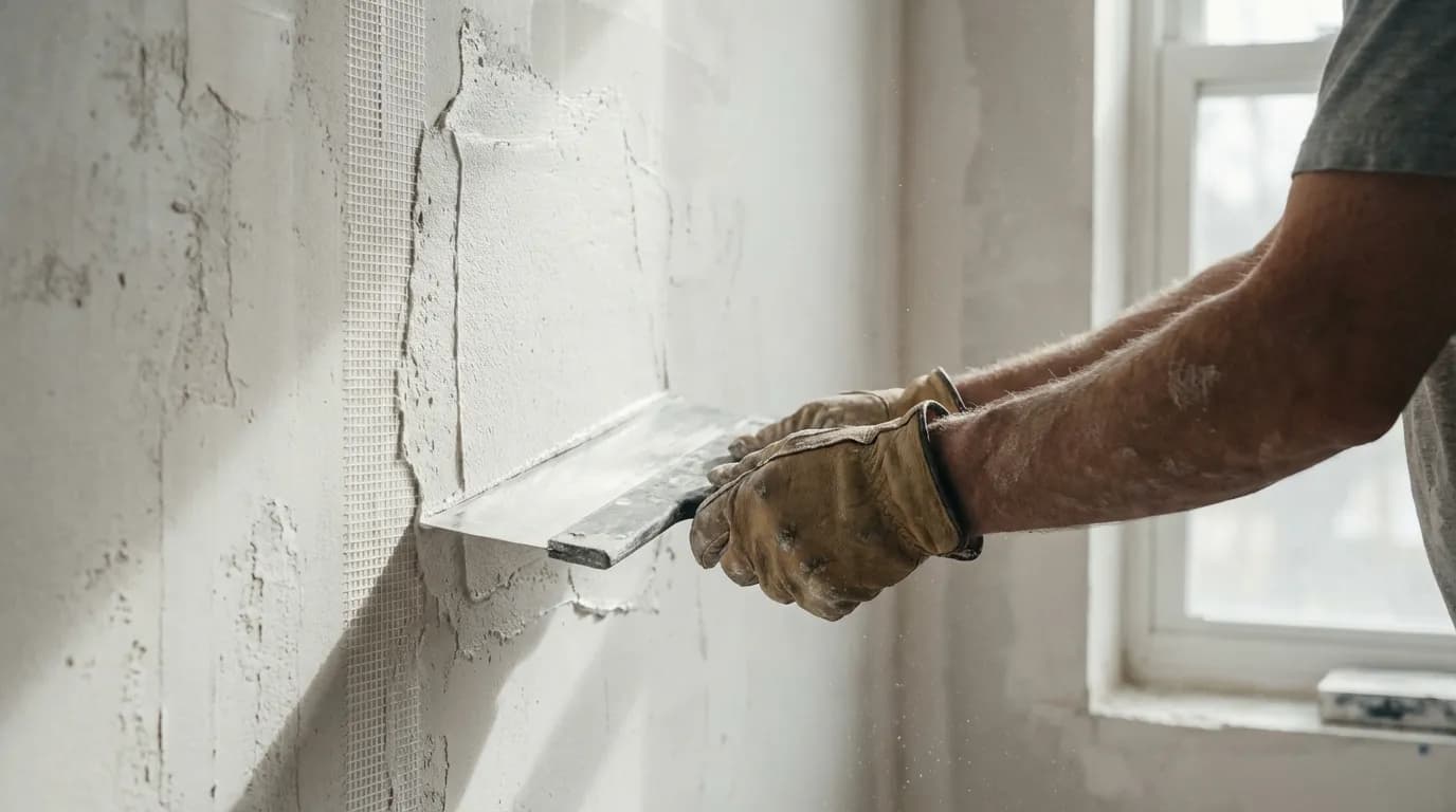 Technique de lissage du mur Artisan appliquant un enduit de garnissage pour masquer la texture de la fibre de verre