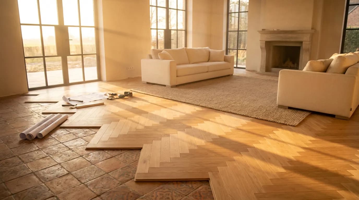 Rénovation sol chauffant salon Rénovation d'un salon moderne avec pose de parquet sur carrelage existant et chauffage au sol