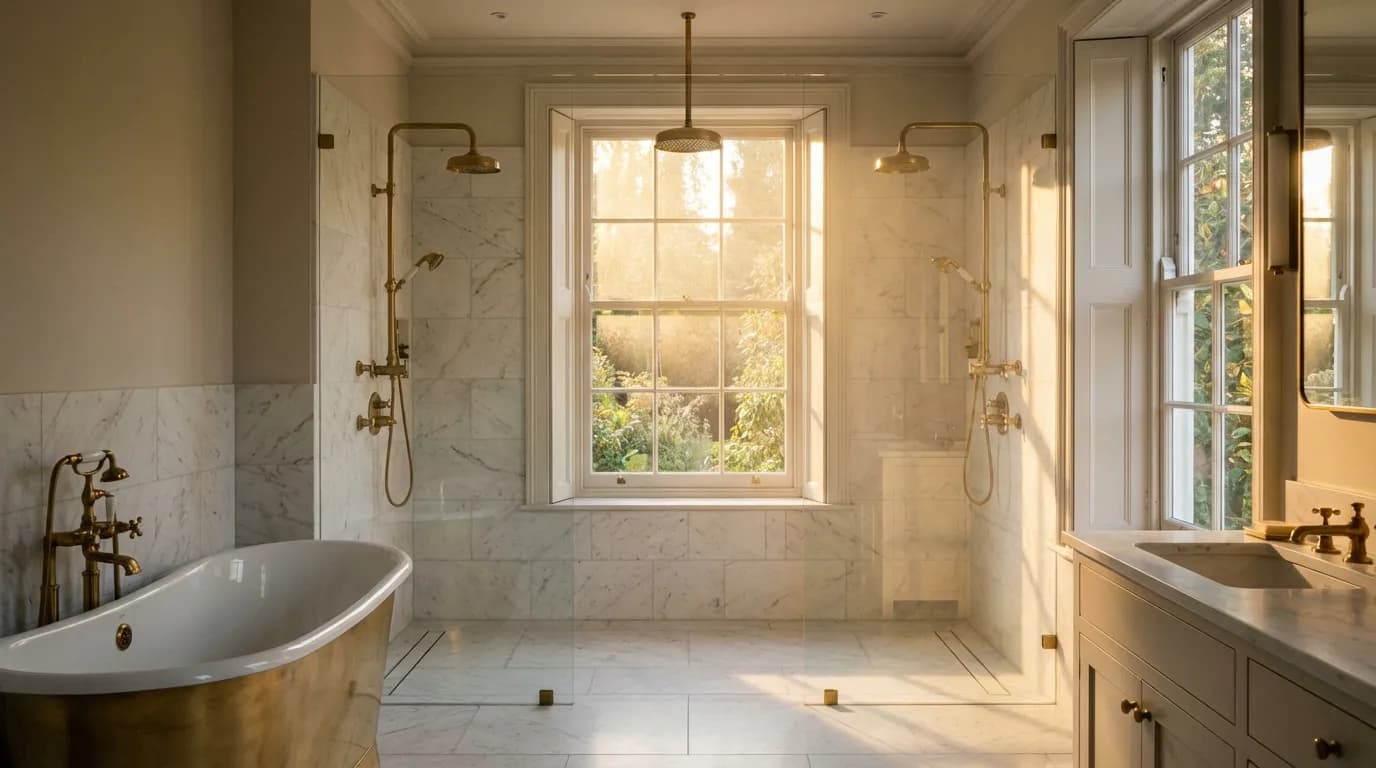 Douche à l'italienne devant fenêtre panoramique Douche italienne luxueuse installée devant une fenêtre donnant sur un jardin verdoyant