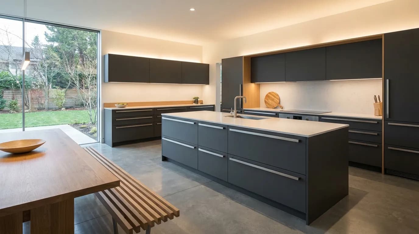 Style linéaire tout horizontal Cuisine moderne au design linéaire avec toutes les poignées installées à l'horizontale