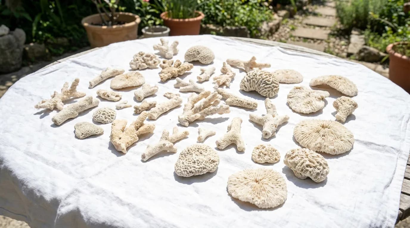 Séchage naturel du corail au soleil Plusieurs morceaux de corail séchant en plein soleil sur un linge blanc