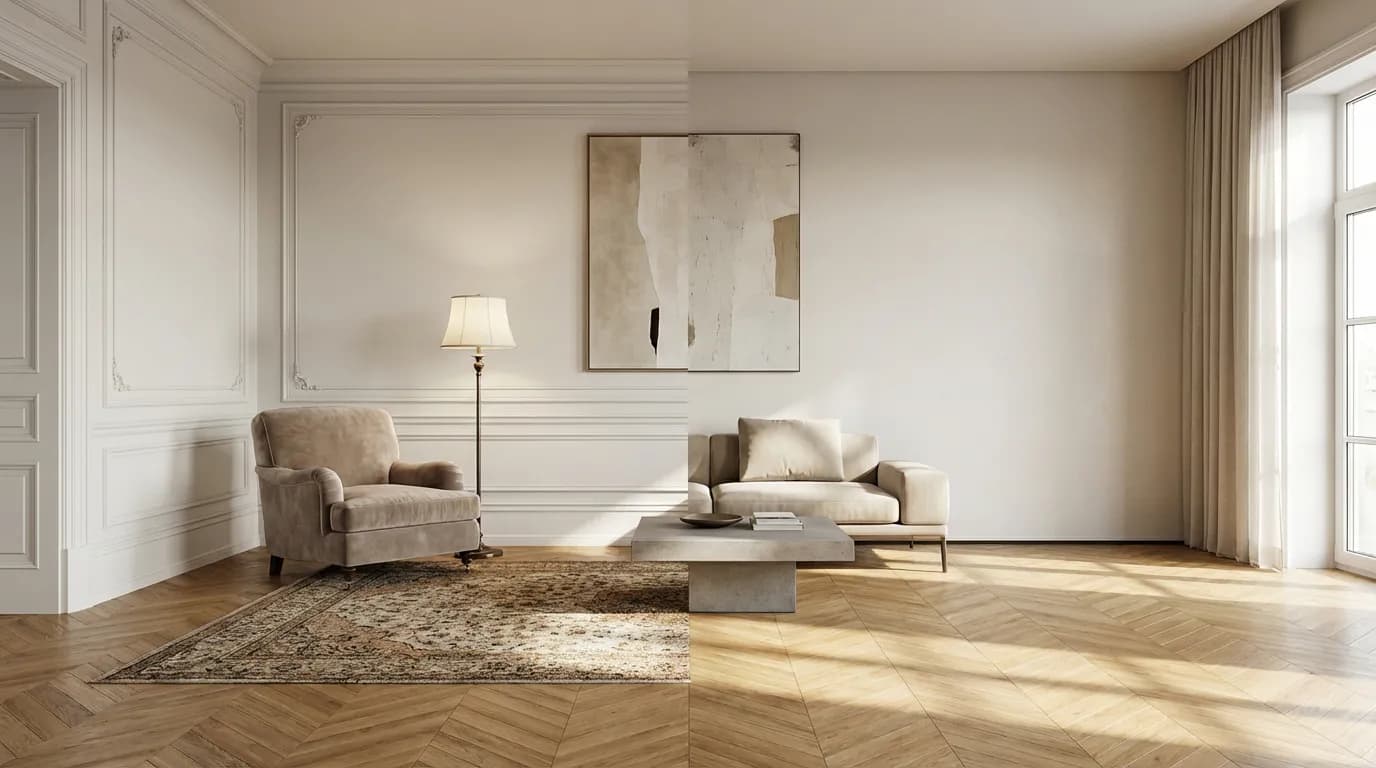 Design intérieur mur avec ou sans plinthes Comparaison visuelle entre un mur avec plinthes classiques et un mur minimaliste sans plinthes dans un salon moderne