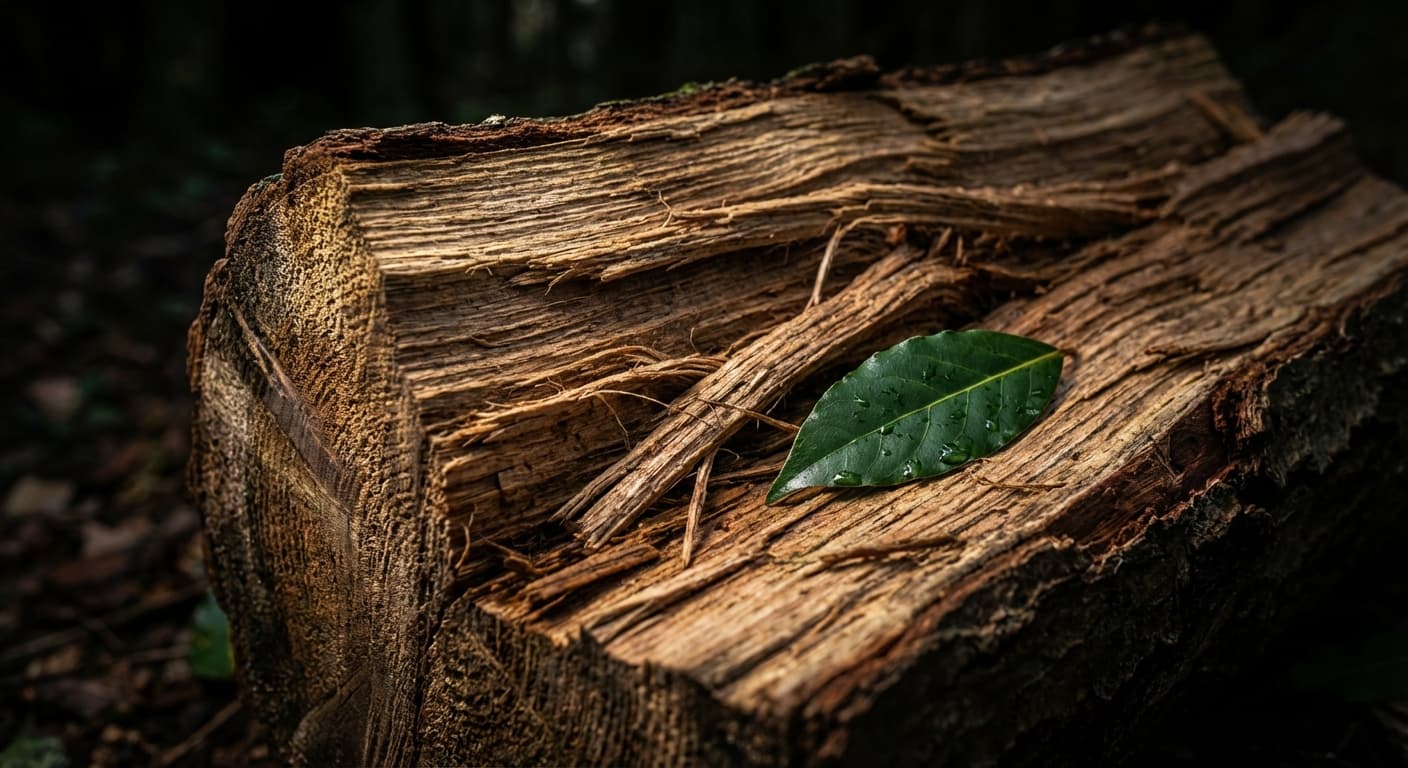 Utiliser le laurier comme bois de chauffage dans un poêle Gros plan sur la texture d'une bûche de laurier et une feuille verte