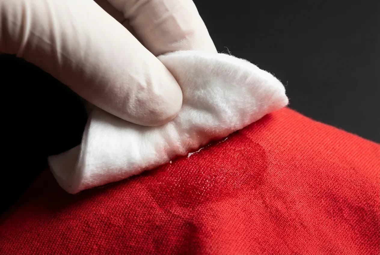Est-ce que le dissolvant tache les vêtements ? Guide & Solutions Main tamponnant une tache sur un tissu avec un coton imbibé de dissolvant