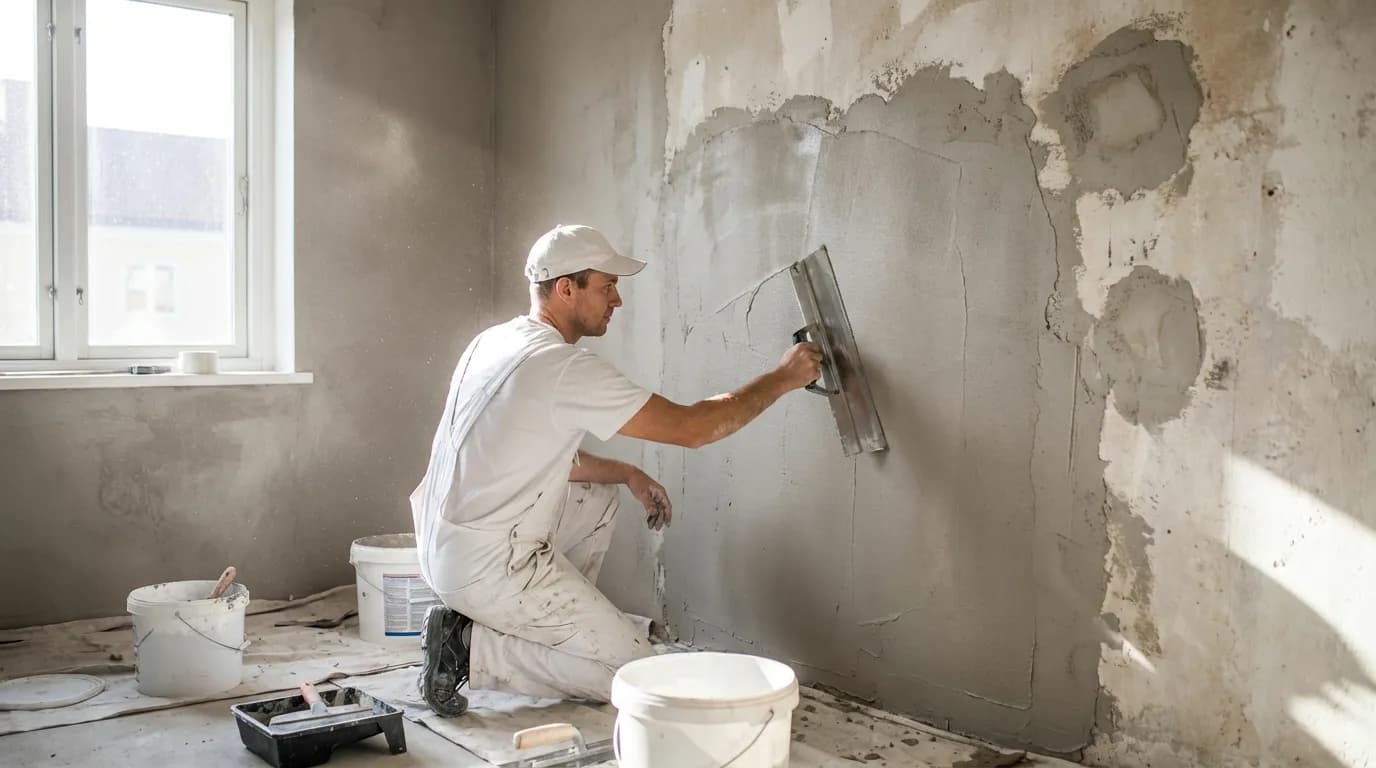 Enduisage mur granuleux Application d'un enduit de garnissage pour lisser un mur avant la pose de papier peint