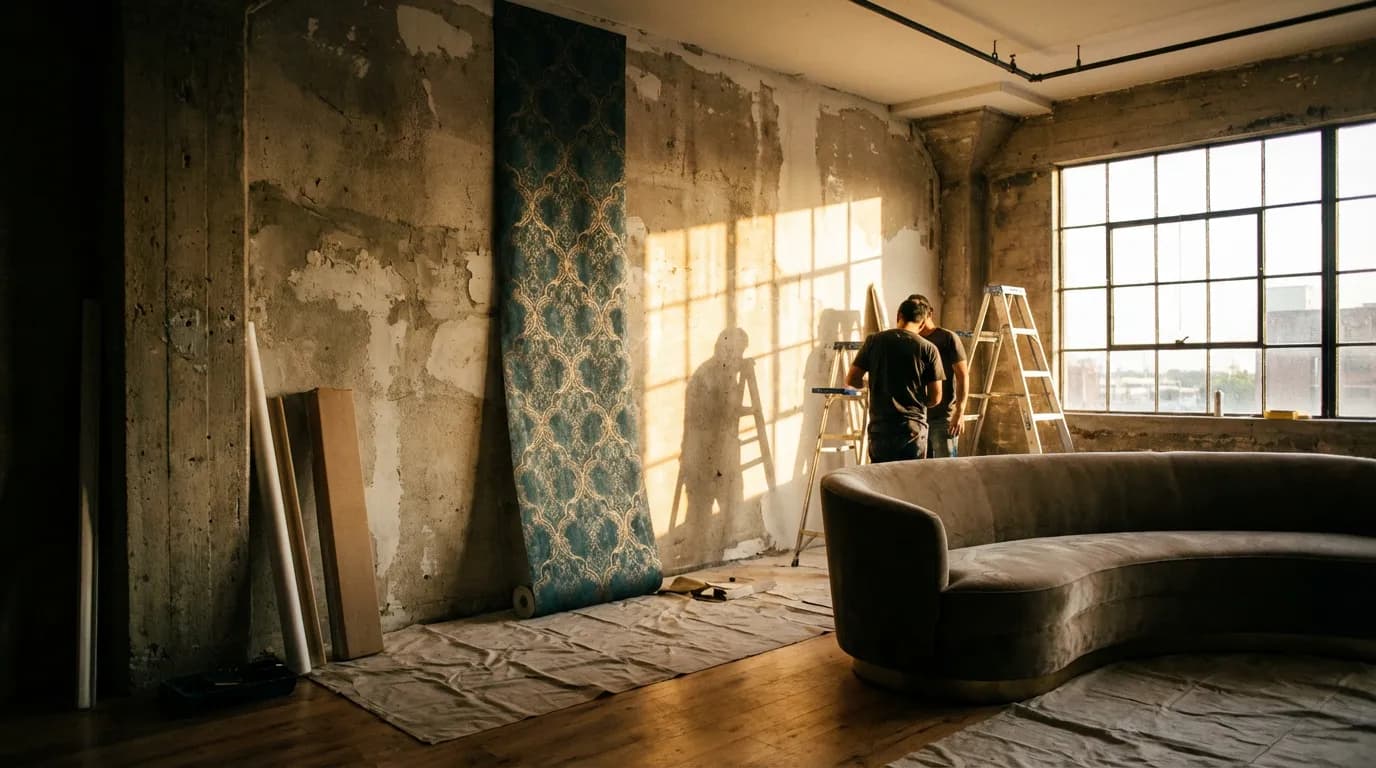 Rénovation mur granuleux papier peint Pose de papier peint sur un mur granuleux en cours de rénovation dans un salon lumineux