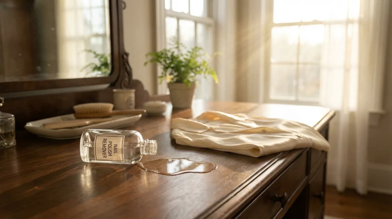 Dissolvant renversé près de vêtements Bouteille de dissolvant renversée sur une coiffeuse en bois près d'un chemisier en soie