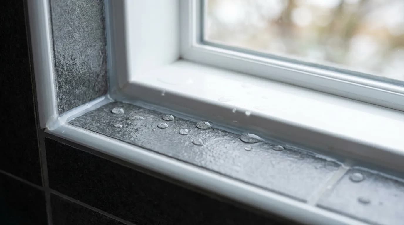 Étanchéité rebord fenêtre de douche Gros plan sur l'étanchéité et le carrelage du rebord de fenêtre dans une douche