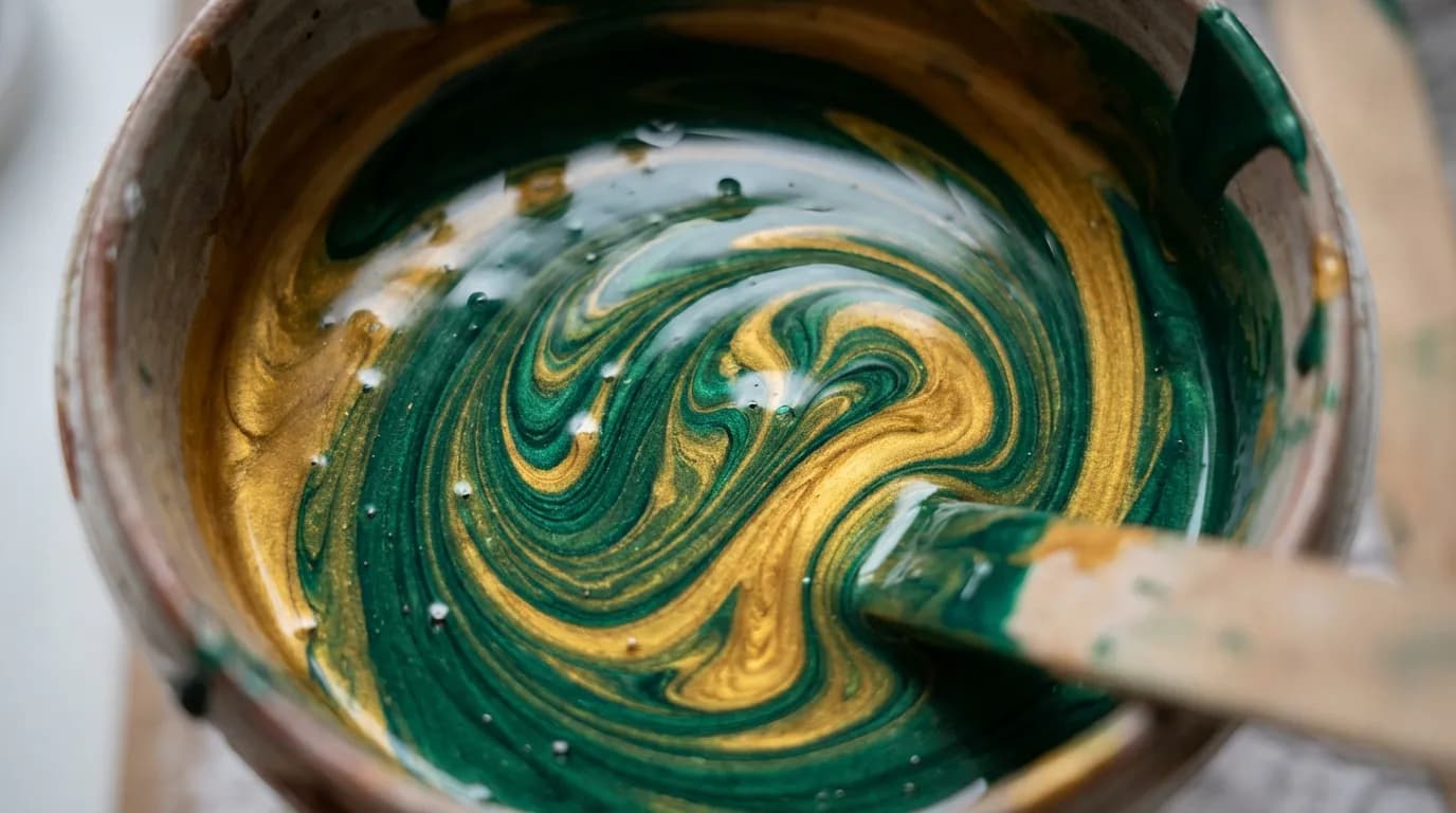 Tourbillon de mélange de peinture Vue artistique de deux peintures, verte et dorée, se mélangeant pour créer un effet marbré liquide