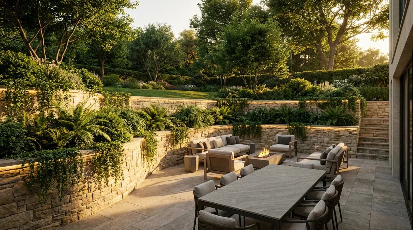Design luxueux terrasse en contrebas Aménagement panoramique d'une terrasse en contrebas du jardin avec murs en pierre et éclairage chaleureux