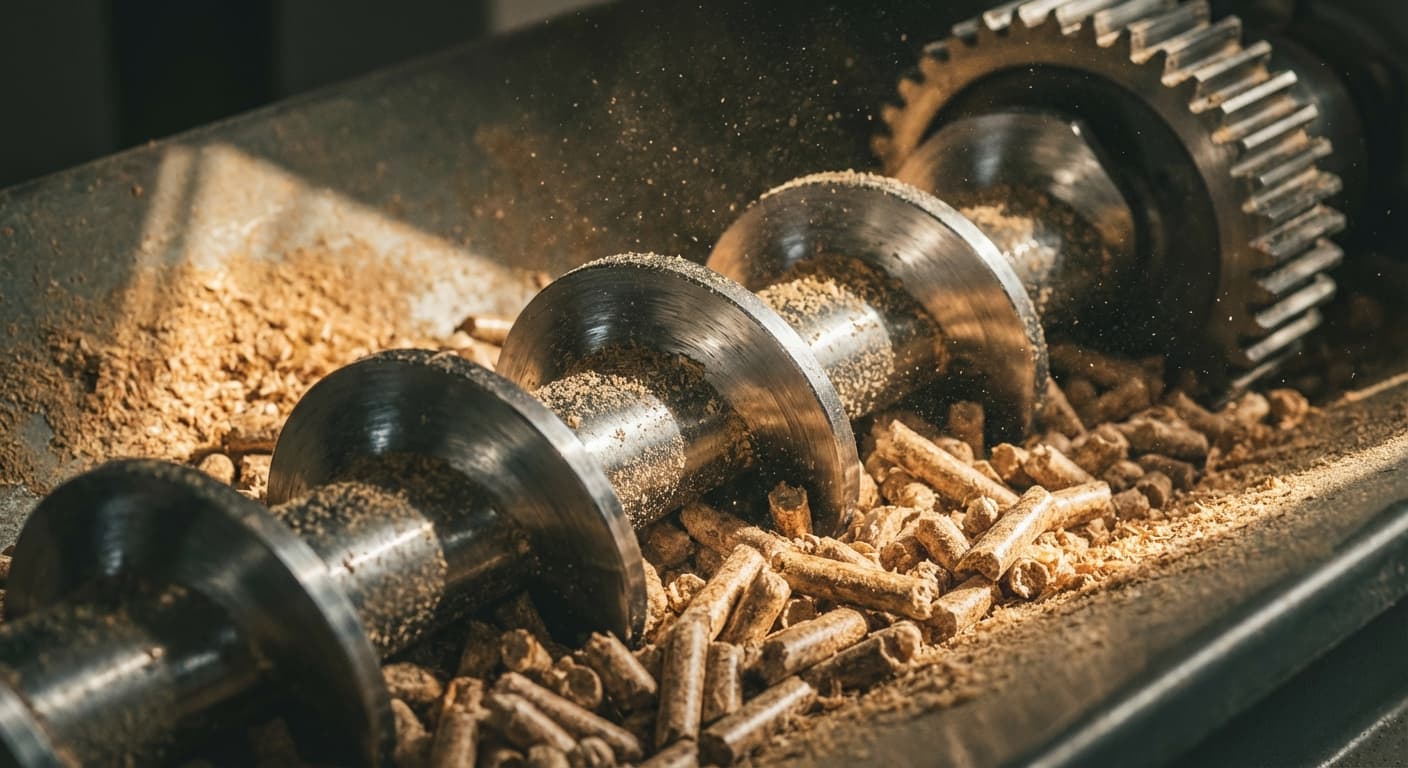 Frottement mécanique de la vis sans fin Détail macro du frottement des granulés contre la vis sans fin en rotation