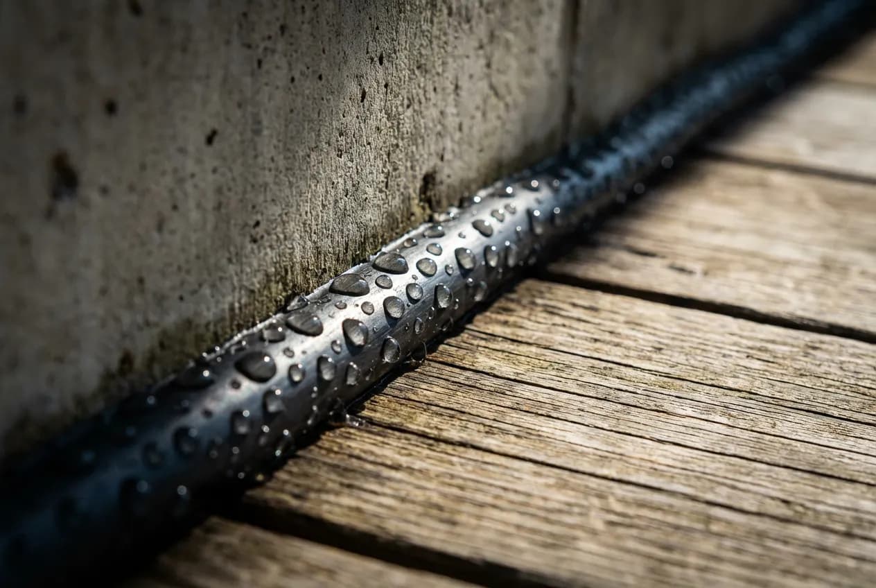 Étanchéité jonction mur terrasse : Solutions et Tuto Gros plan macro de l'effet perlant sur un joint d'étanchéité terrasse