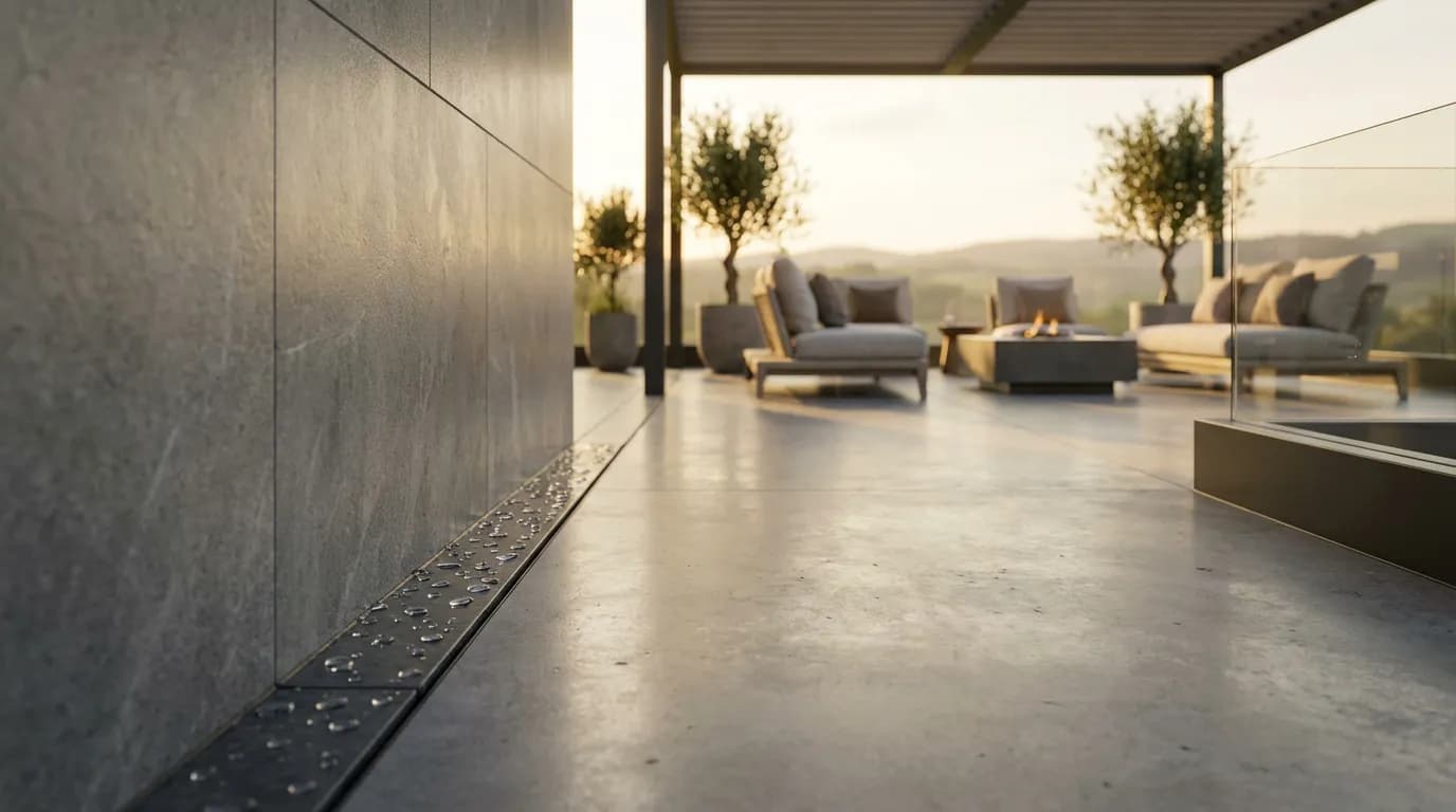 Bannière terrasse étanche moderne Terrasse design avec une jonction mur parfaitement étanche sous une lumière dorée