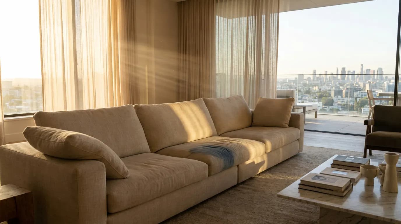 Canapé tissu taché par un jean dans un salon moderne Canapé en tissu beige haut de gamme avec une tache de décoloration de jean bleu dans un salon lumineux.
