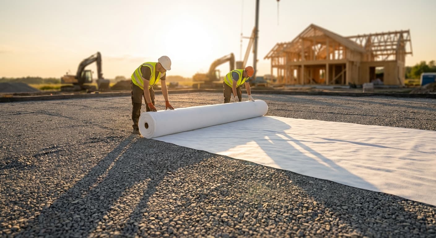 Installation d'un géotextile protecteur sous une future dalle de béton Pose d'un feutre géotextile blanc sur un lit de gravier pour la fondation d'une maison moderne.