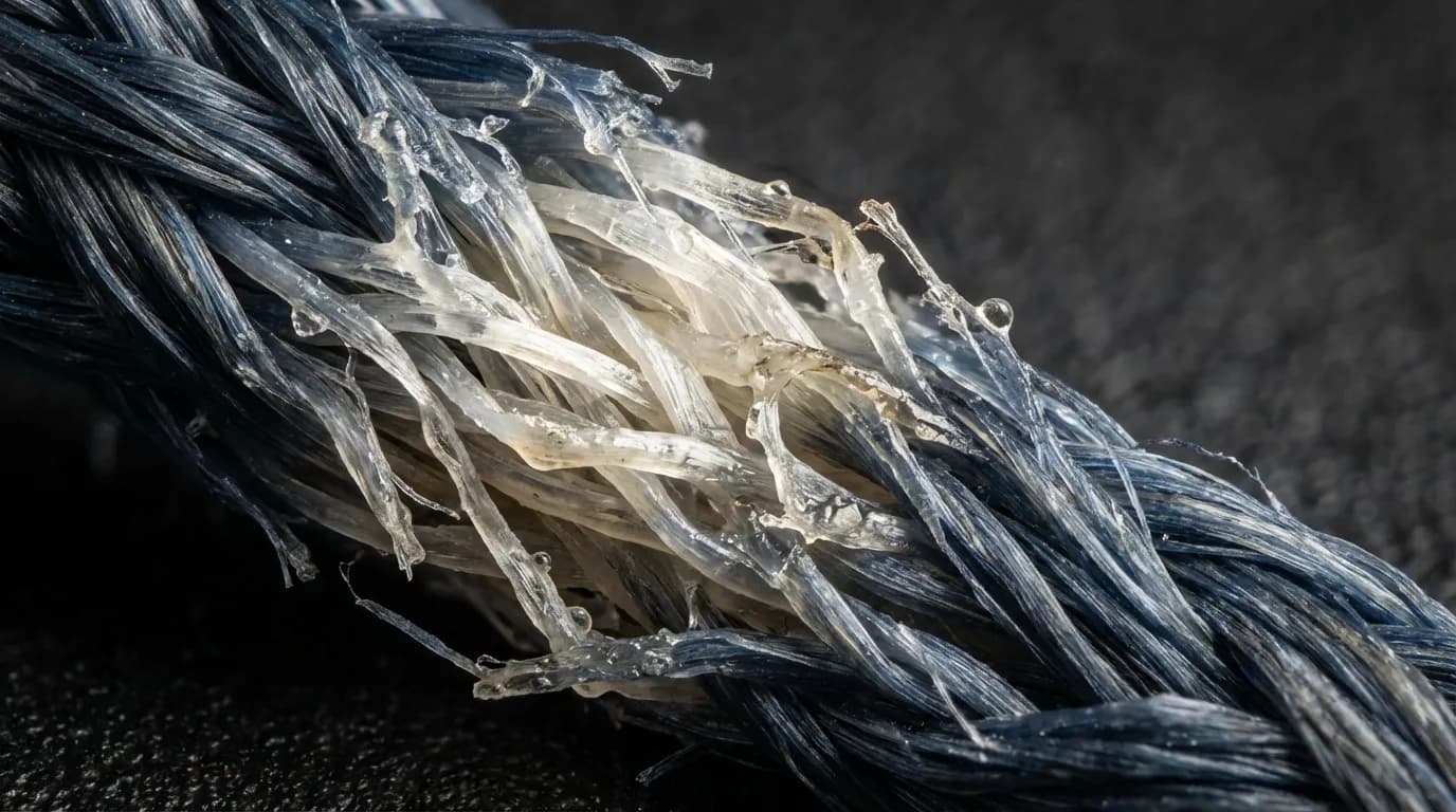 Dégâts chimiques sur fibres synthétiques Gros plan macro montrant la décoloration et les dommages des fibres synthétiques causés par le dissolvant