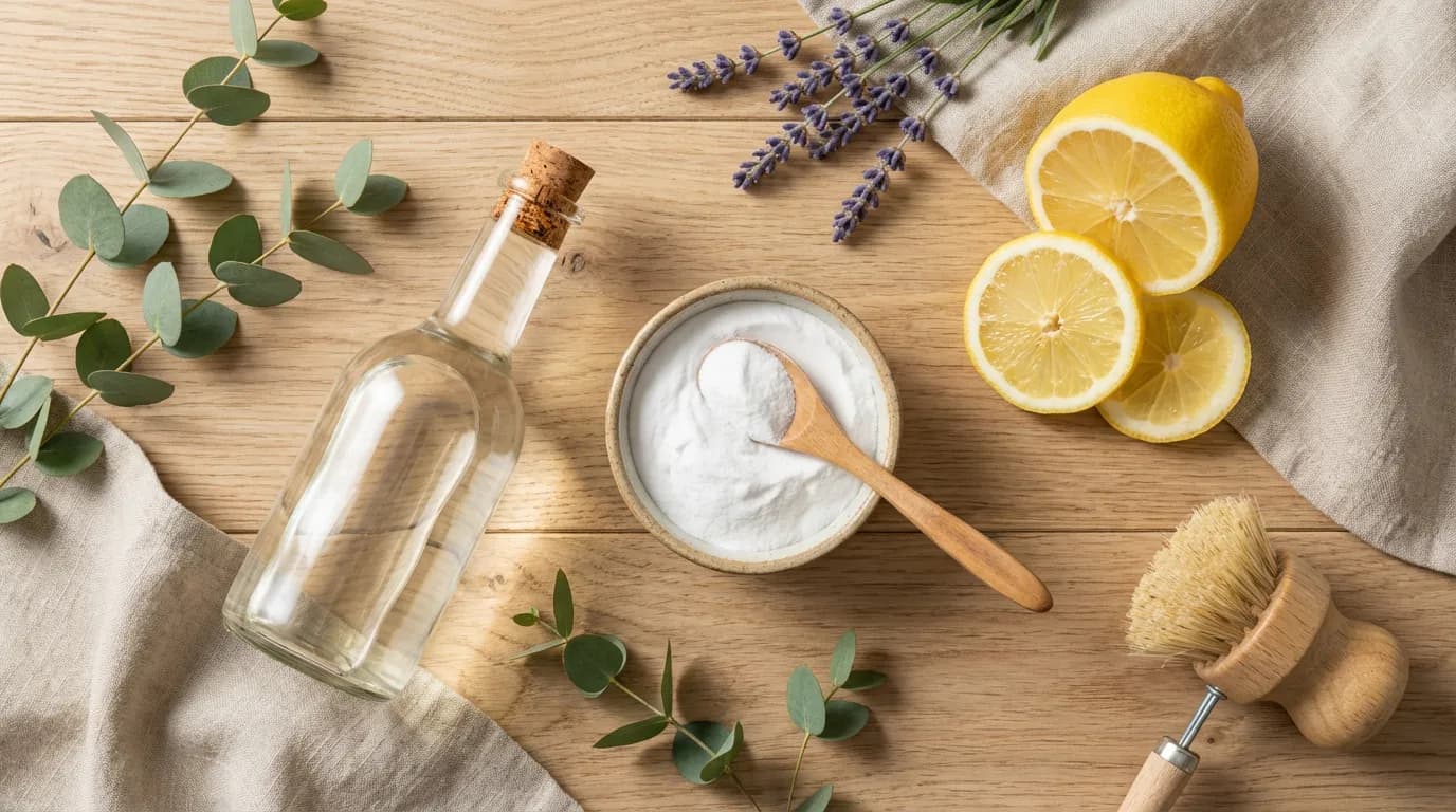 Produits nettoyants naturels Ingrédients naturels pour le nettoyage : citron, vinaigre blanc et bicarbonate de soude sur une table en bois