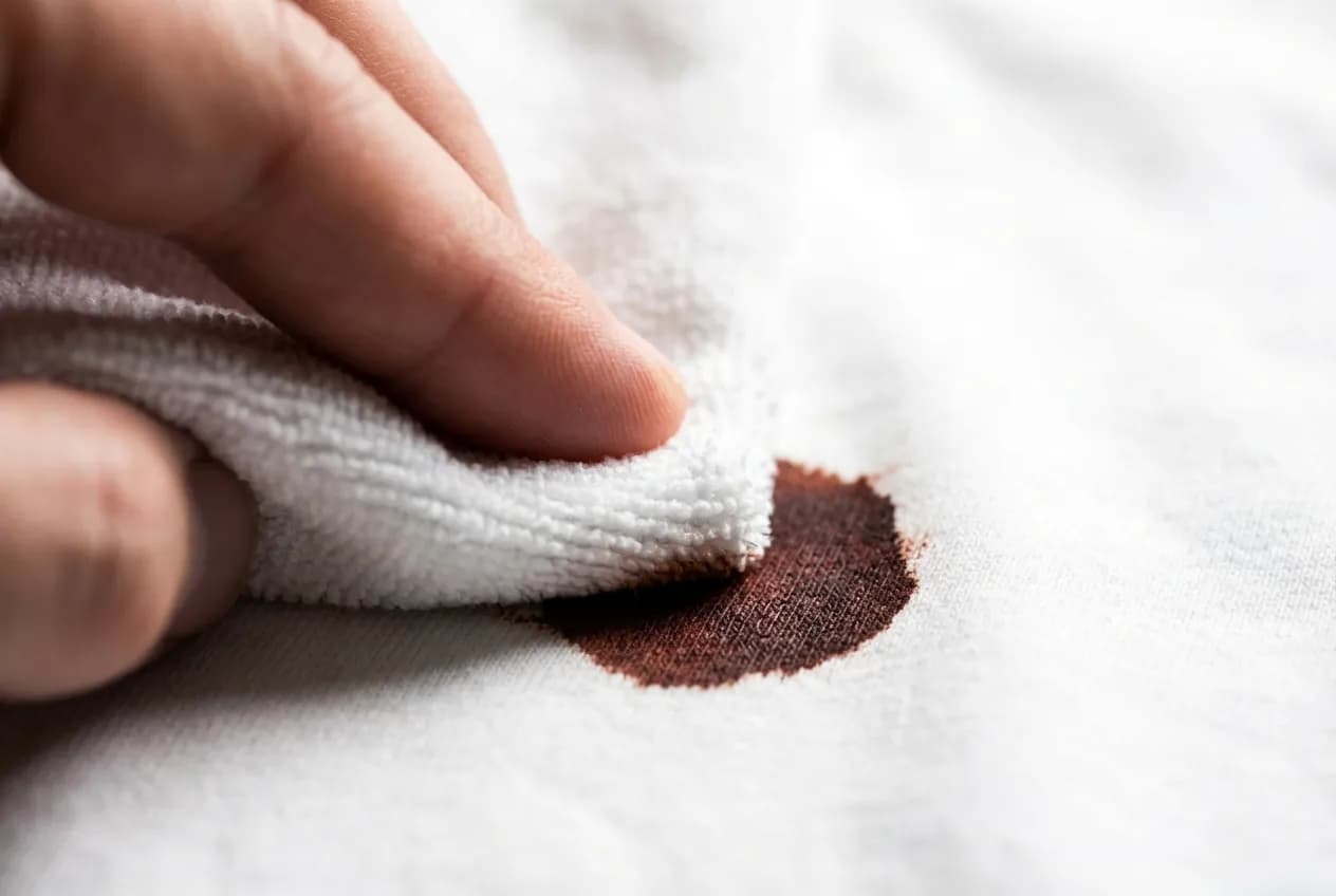 Cuir déteint sur vêtement blanc : Solutions miracles Main nettoyant délicatement une tache sur un tissu blanc avec un chiffon propre