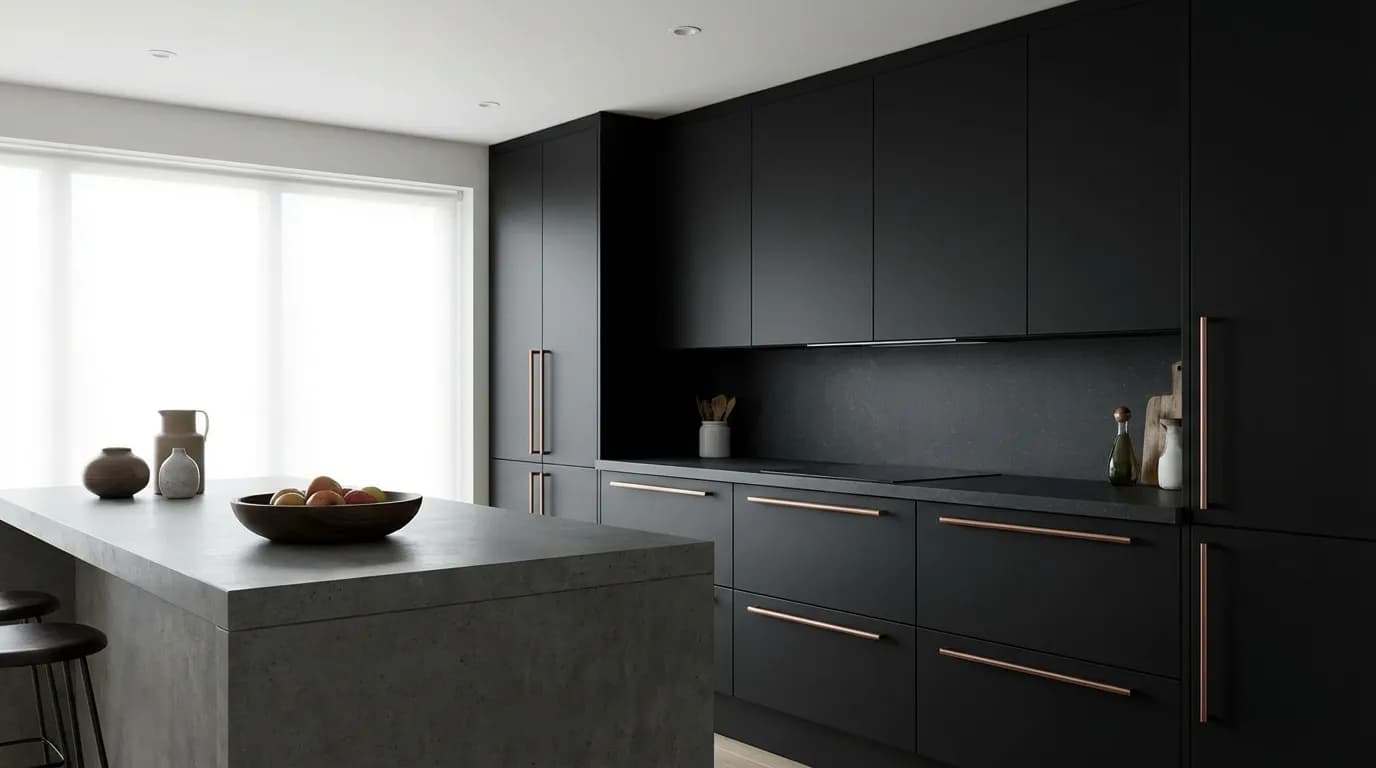 Élégance moderne cuisine mate Cuisine moderne aux façades noir mat avec poignées en cuivre, illustrant l'élégance et la sobriété