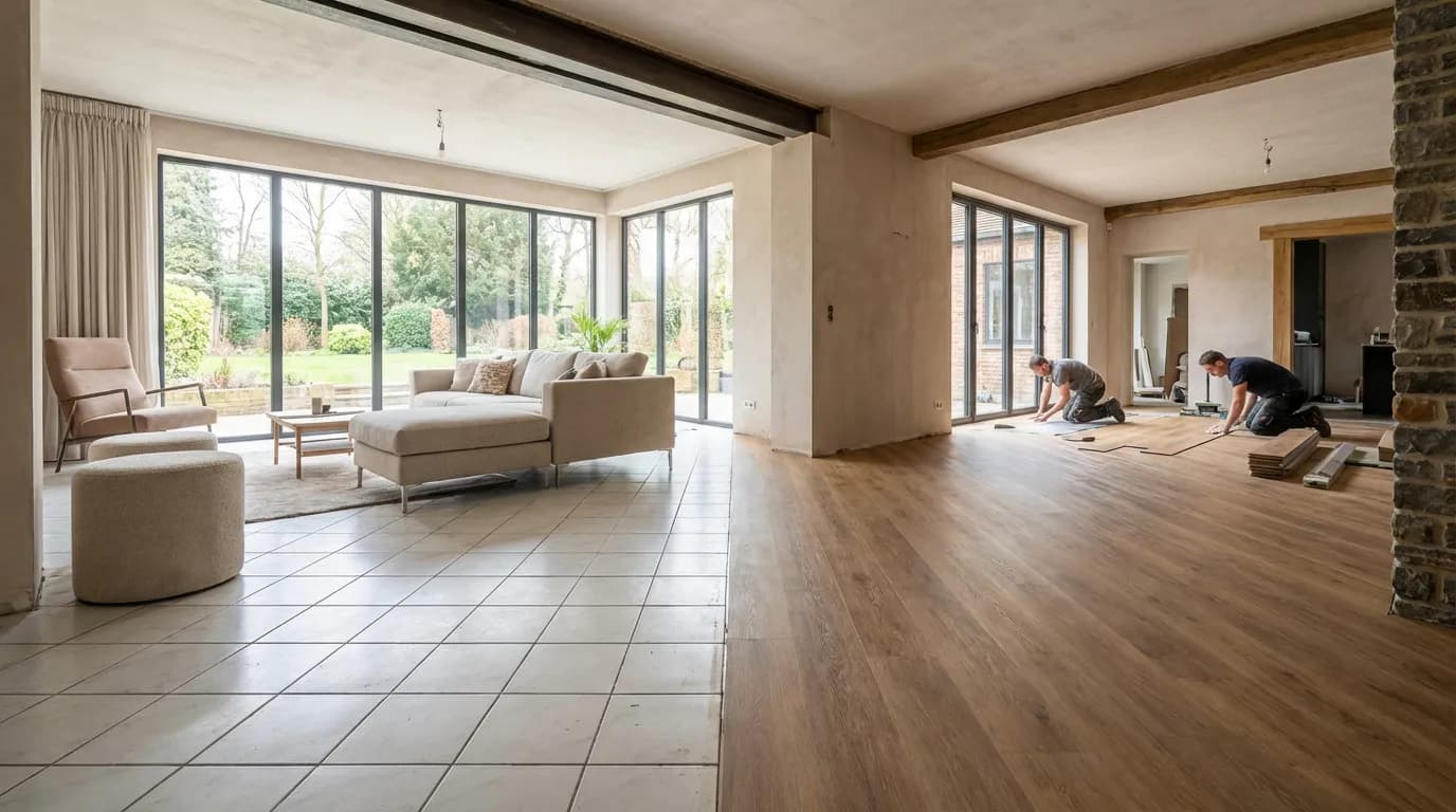 Rénovation sol vinyle sur carrelage Rénovation intérieure montrant la transition entre un ancien carrelage et un nouveau sol vinyle imitation bois