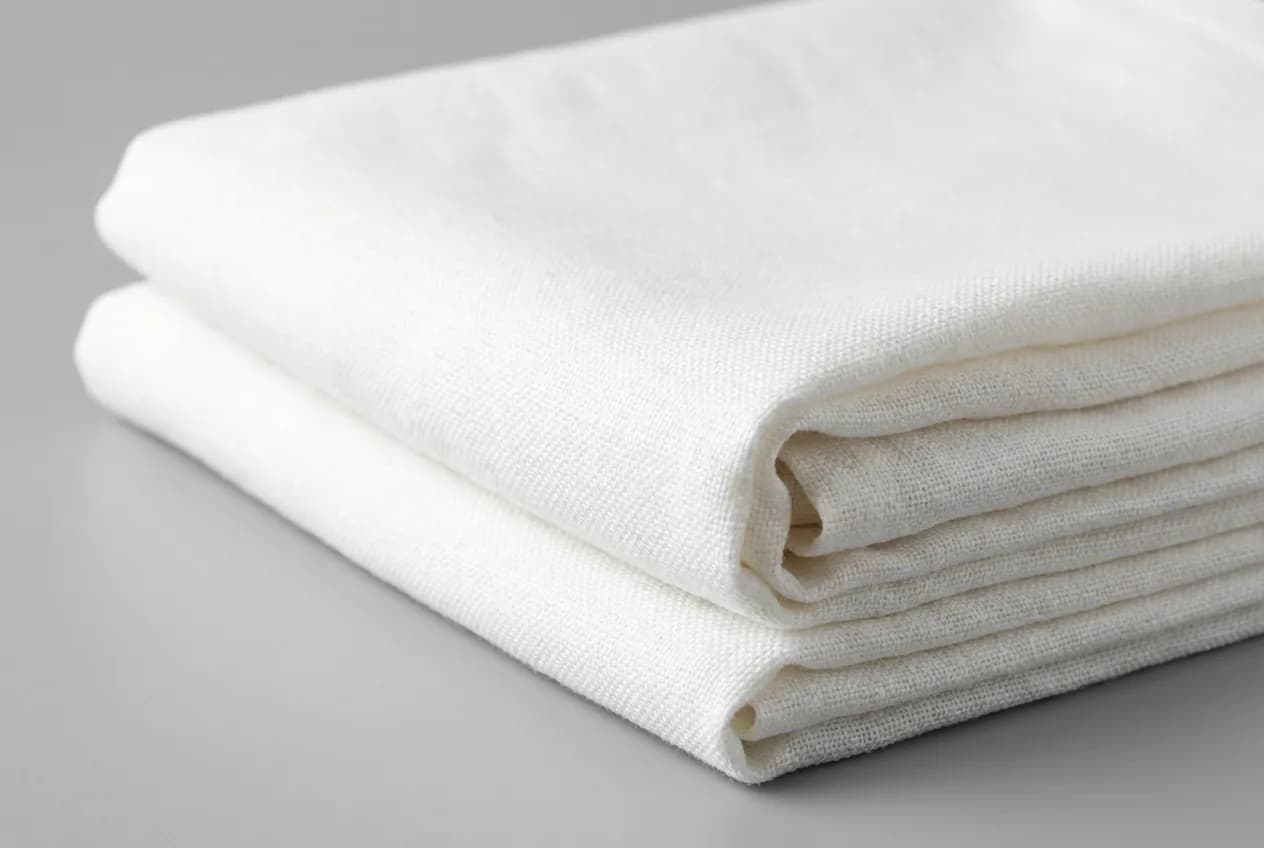 Laver nappe blanche javel : Guide expert et dosages sûrs Pile de nappes blanches en lin fraîchement lavées et pliées, gros plan sur la texture.
