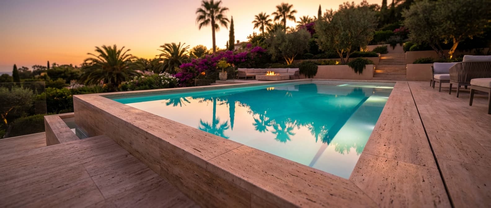 Piscine coque de luxe au design contemporain Une magnifique piscine coque moderne installée sur une terrasse en pierre au coucher du soleil