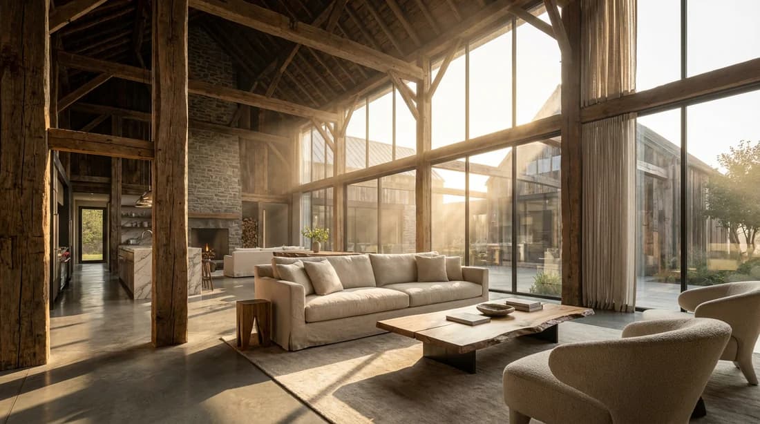 Métamorphose architecturale haut de gamme Intérieur de maison luxueuse métamorphosée alliant poutres rustiques et architecture moderne vitrée