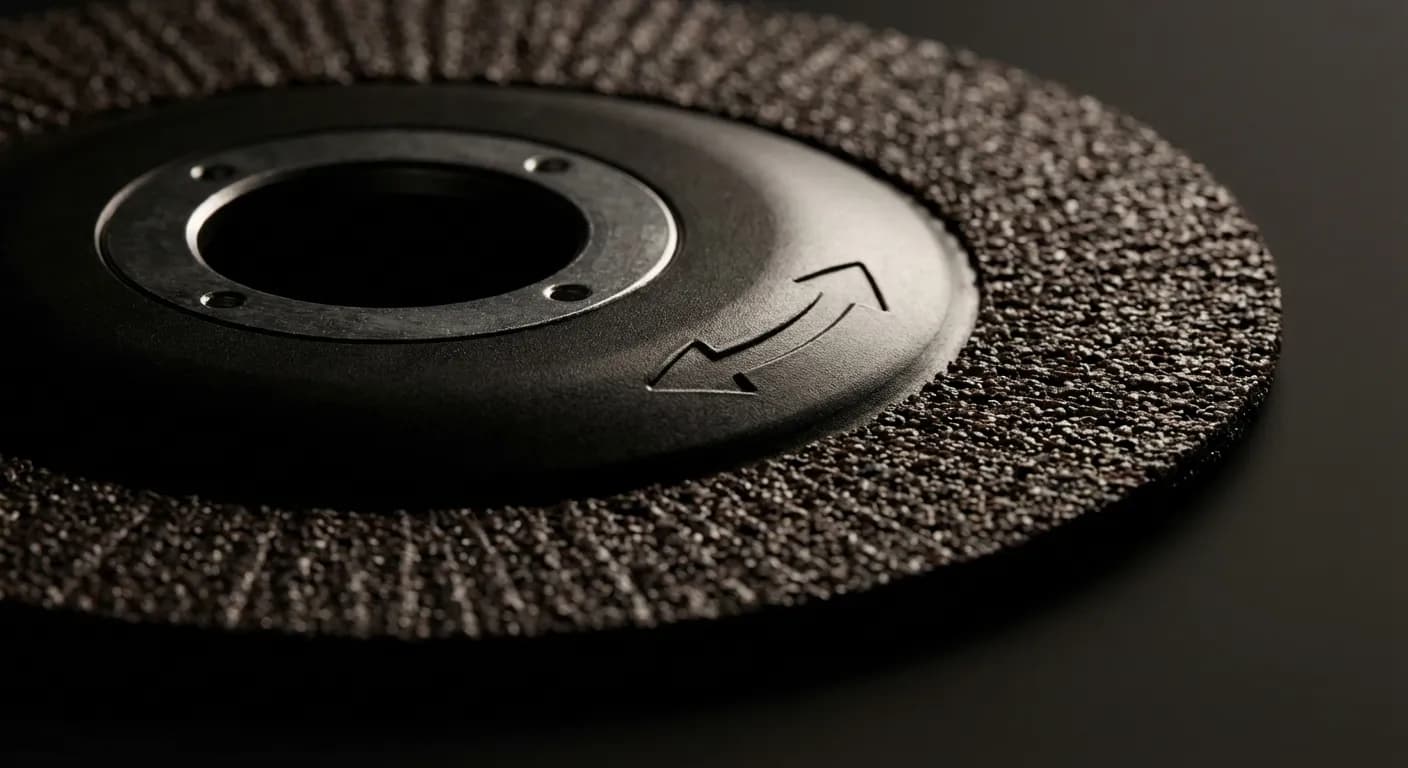 Sens disque meuleuse : montage sécurisé & rotation optimale Gros plan sur un disque de meuleuse avec flèche directionnelle visible, icône de sécurité.