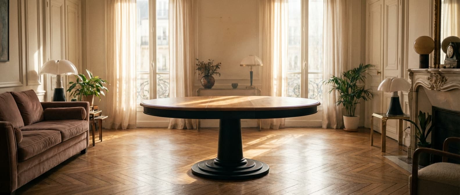 Une table ronde ancienne relookée avec élégance Table ronde ancienne restaurée dans un salon parisien luxueux et lumineux