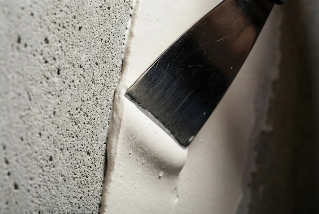 Papier peint sur mur granuleux : Solutions et Astuces Gros plan sur l'application d'un enduit de lissage sur un mur à relief