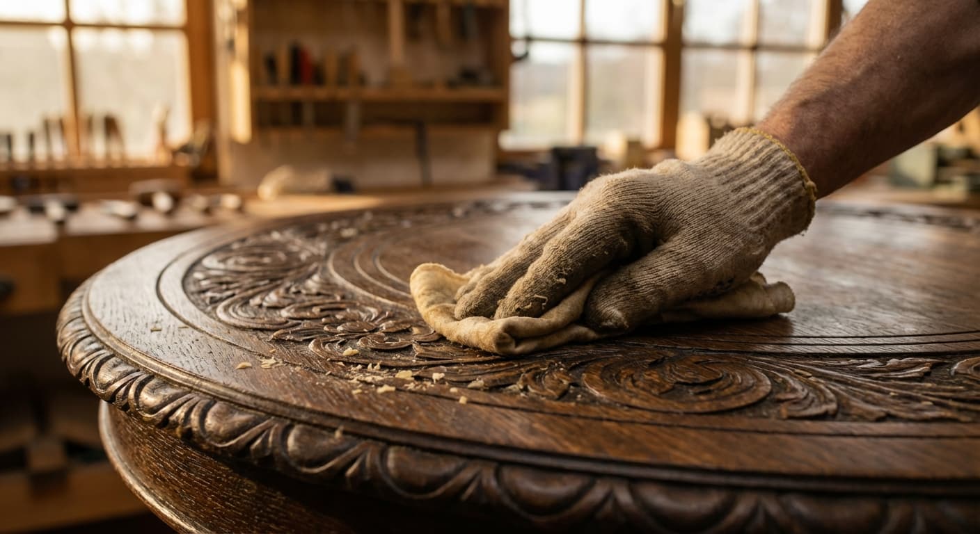 L'art du relooking de meubles anciens Gros plan sur les détails de restauration d'une table ronde ancienne