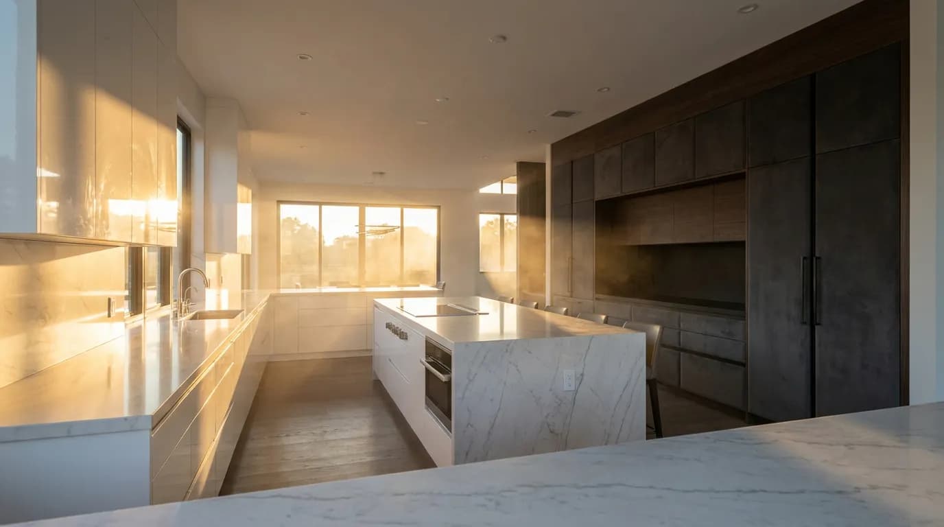 Comparatif visuel cuisine mat et brillant Vue panoramique d'une cuisine de luxe comparant des meubles blanc brillant à gauche et gris anthracite mat à droite