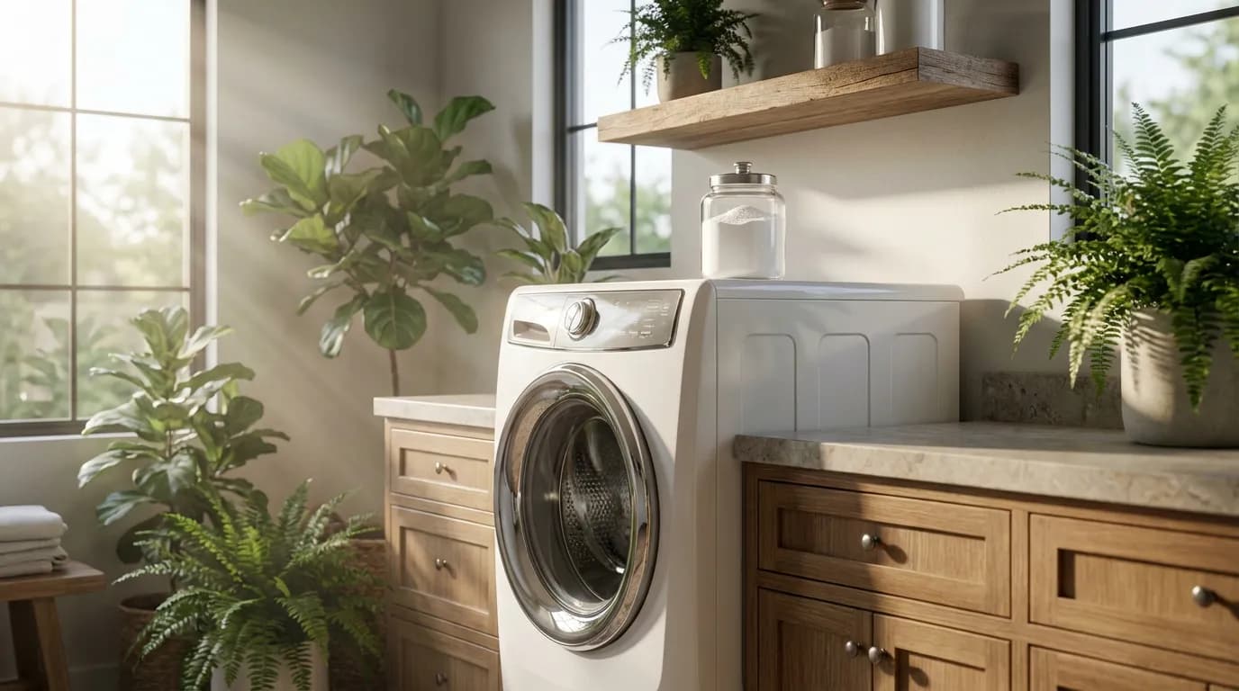 Entretien machine à laver au naturel Buanderie moderne et lumineuse avec une machine à laver propre et un bocal de bicarbonate de soude.