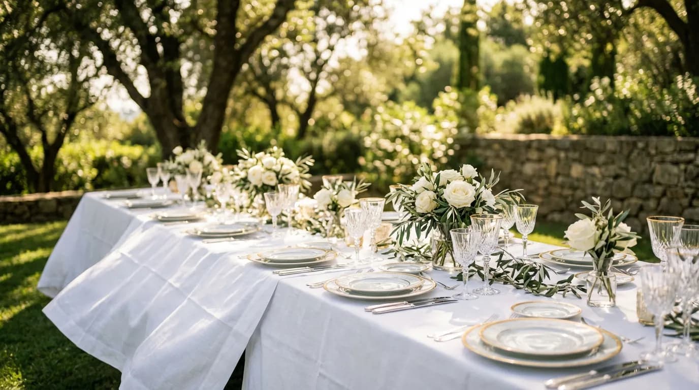 Nappe blanche impeccable sur table de jardin Nappe blanche éclatante sur une table dressée dans un jardin ensoleillé, symbolisant la propreté parfaite.