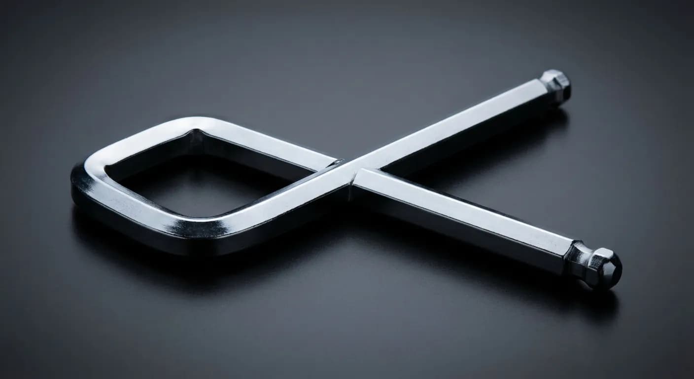 Choisir la bonne clé allen pour radiateur : guide Gros plan iconique d'une clé Allen de radiateur chromée sur fond sombre et réfléchissant.