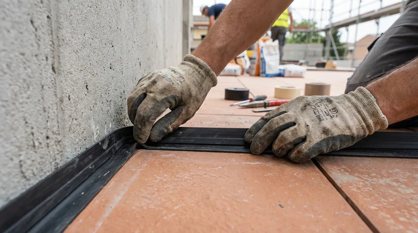 Pose bande étanchéité étape par étape Application technique d'une bande d'étanchéité entre le mur et la terrasse