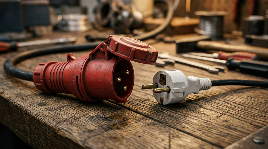 Différence visuelle entre prise industrielle 380V et prise standard 220V Comparaison entre une prise industrielle 380V et une prise domestique 220V sur un établi