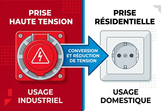 Adaptateur 380v vers 220v : Le guide ultime - Conversion 380V vers 220V : 3 solutions - Besoin d'un adaptateur 380v vers 220v ? Voici comment faire Schéma de conversion entre tension 380V industrielle et 220V domestique
