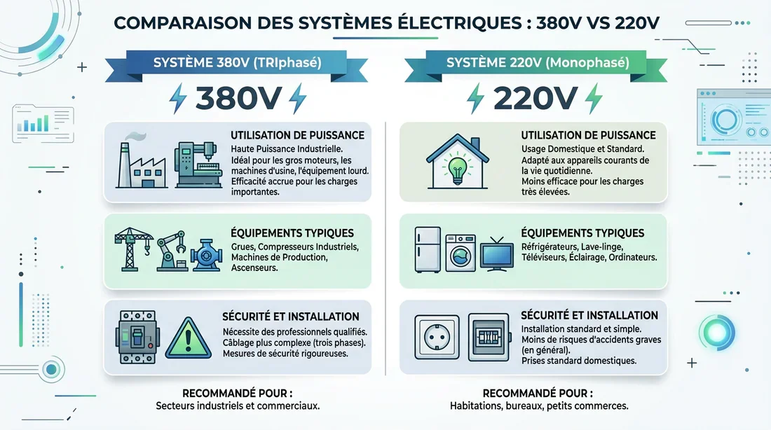Caractéristiques et différences techniques 380V vs 220V Tableau comparatif des caractéristiques techniques entre 380V et 220V